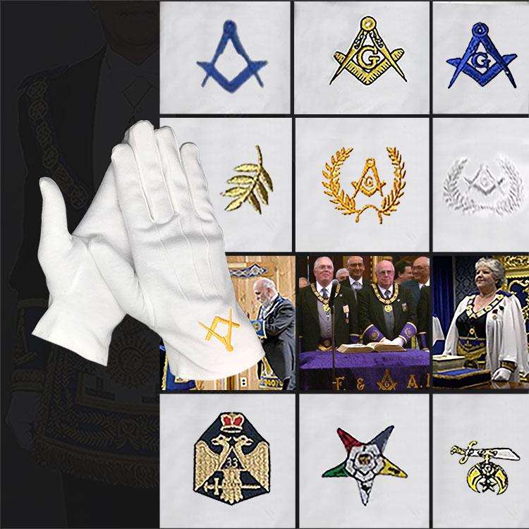 Wholesale Custom Menswear Church Masonic Embroidery White Cotton Masonic Masonic Riggilla Hand Gloves High Quality Women