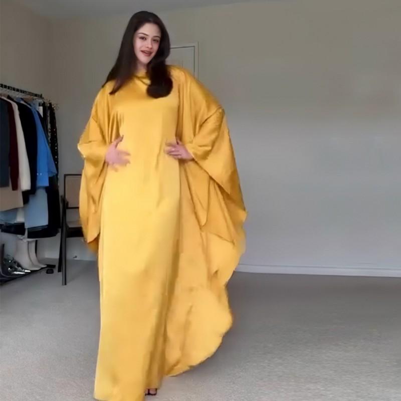 2024 Silk Satin Poncho Long Sleeve Loose Muslim Gown Luxury Kaftan Fashion Elegant Women Abaya Maxi Women's Dress