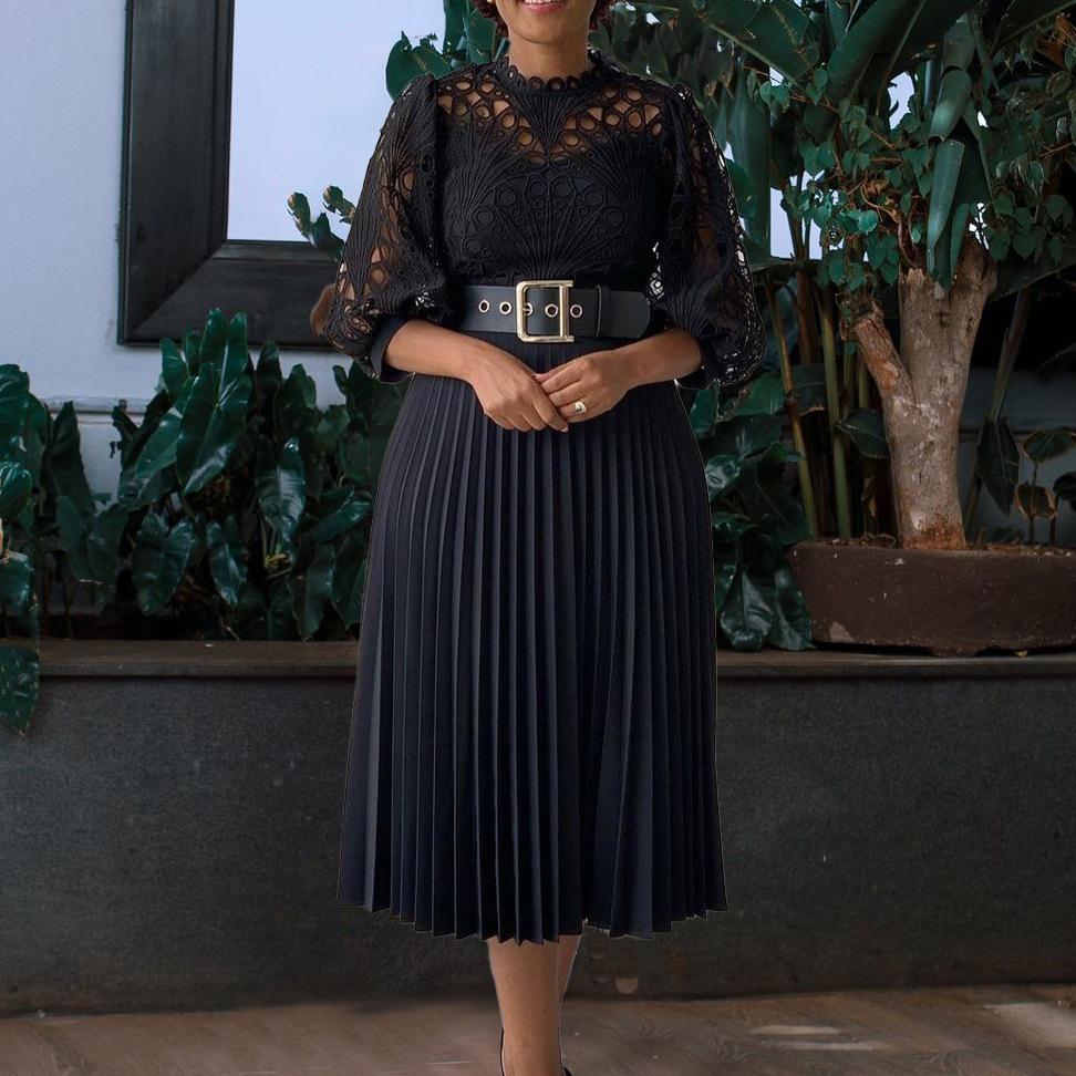 OEM Wholesale Autumn American Women Crochet Lace Dress Pleated Skirt Plus Size Long Sleeve White Church Evening Dress
