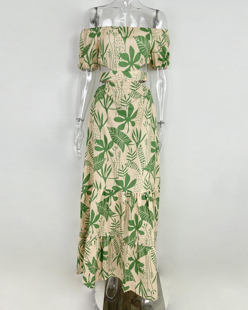 Women's Fashion Print Elegant Slim-fit Print Hollow Lace-up Dress