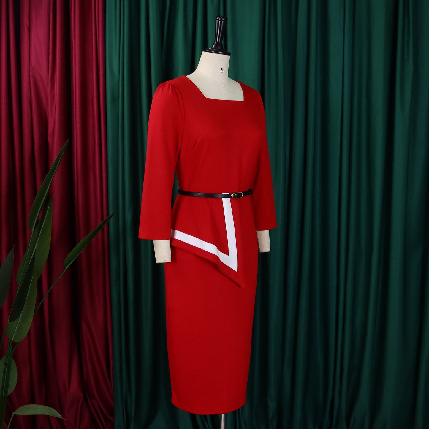 MG482 Fashion Elegant Ladies Office Dress Women Formal Work 3 Quarter Sleeve Square Collar Professional Dress Women Church Dress