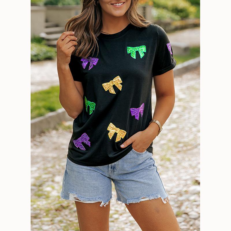Dear Lover Wholesale Bulk Carnival Casual Summer Short Sleeve Round Neck Women Rhinestone Sequin Pattern T-Shirt