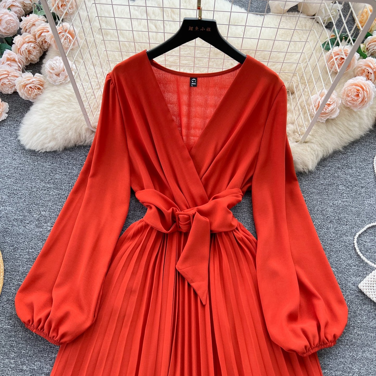 Summer Roman V-neck Tunic Waist Dress Women's Long Lantern Sleeve Empire Lace Dress Red Yellow Purple Black