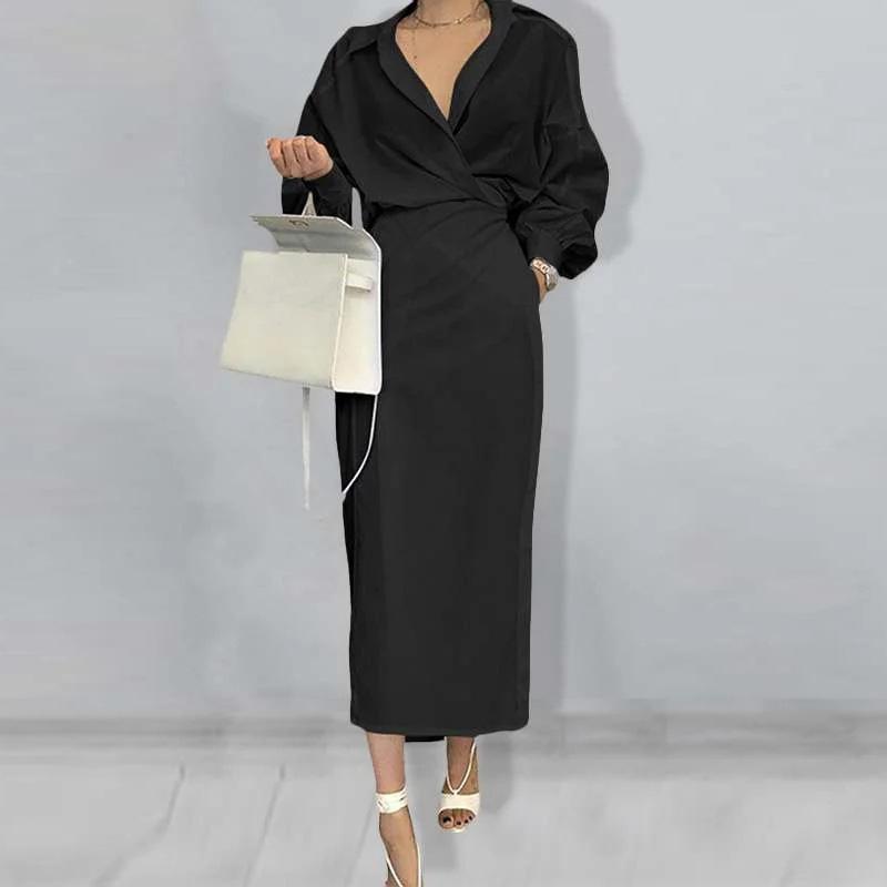 HY 2023 Spring Women's New Solid Color Elegant Long Sleeve Casual Commuting Dress