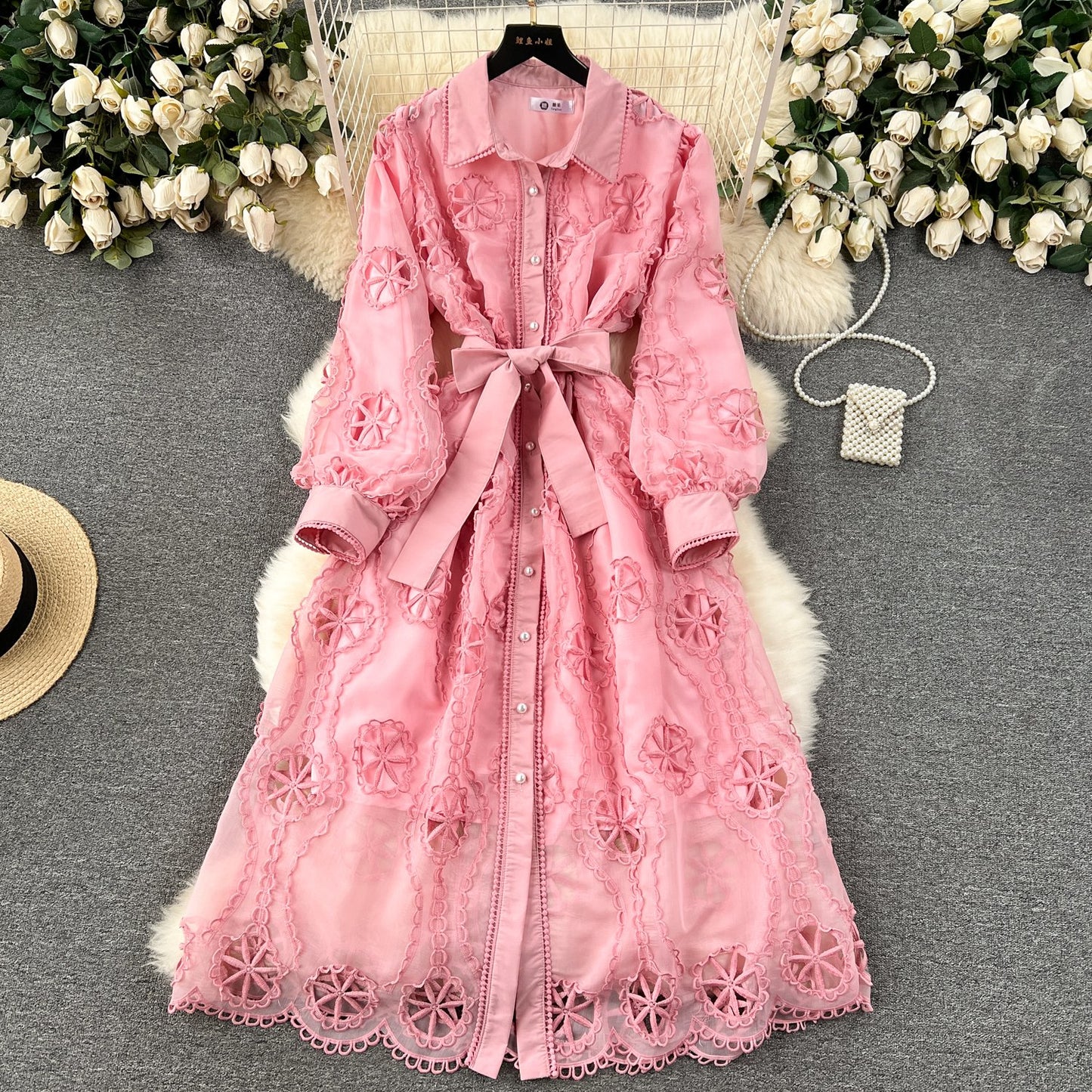 Wholesale 2024 Spring New Embroidered Hollow Flower Single-breasted Slim-fit Medium Bubble Sleeve Women's Clothing