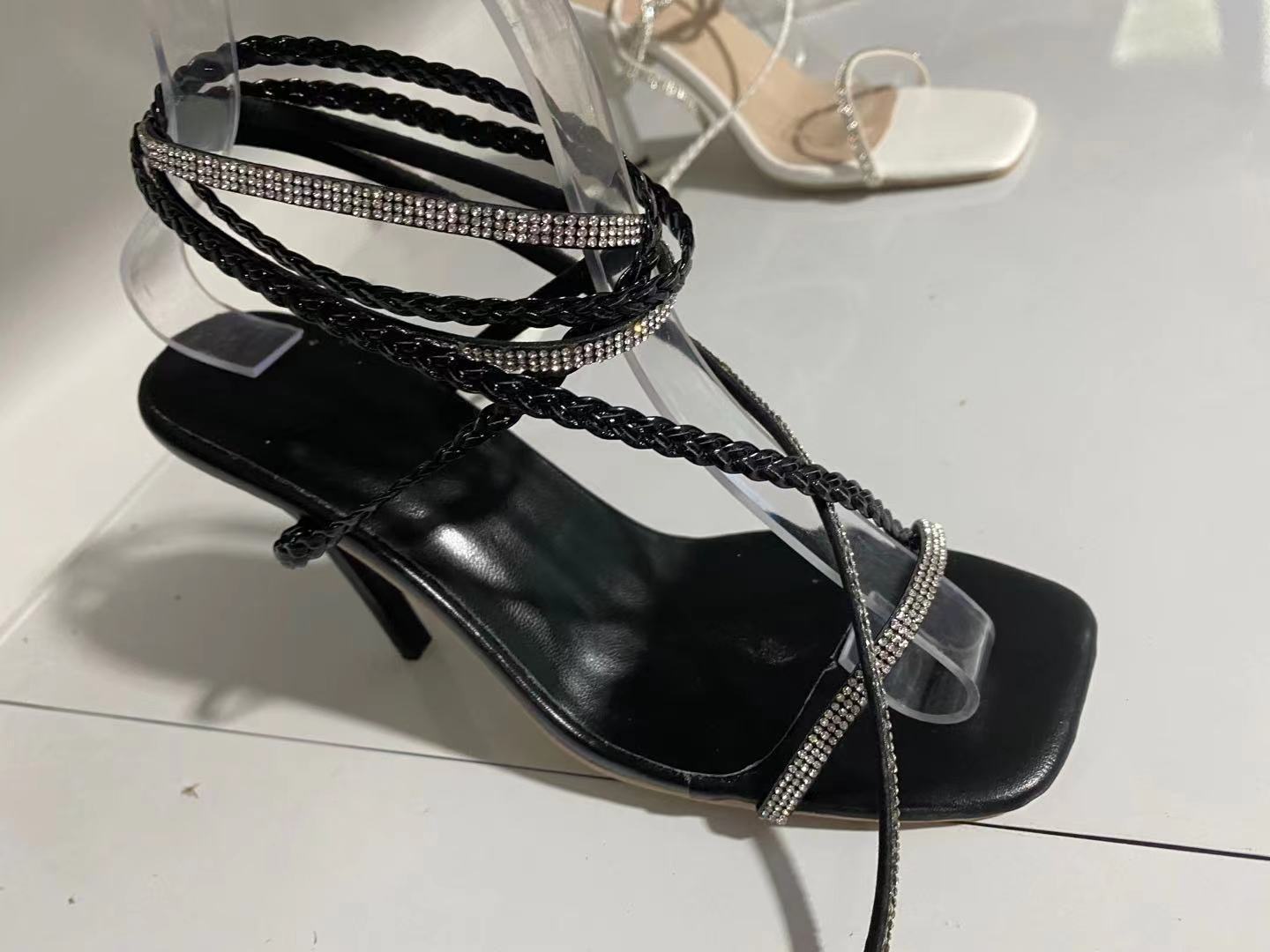 Summer Fashion Rhinestone Woven Square Toe Stiletto Heels Open Toe Strap Ankle Strap Sandals High Heels Women