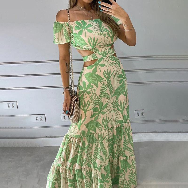 Women's Fashion Print Elegant Slim-fit Print Hollow Lace-up Dress