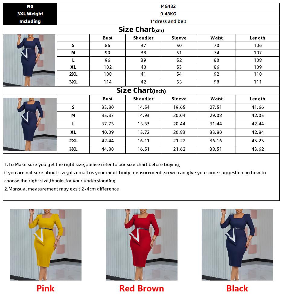 MG482 Fashion Elegant Ladies Office Dress Women Formal Work 3 Quarter Sleeve Square Collar Professional Dress Women Church Dress