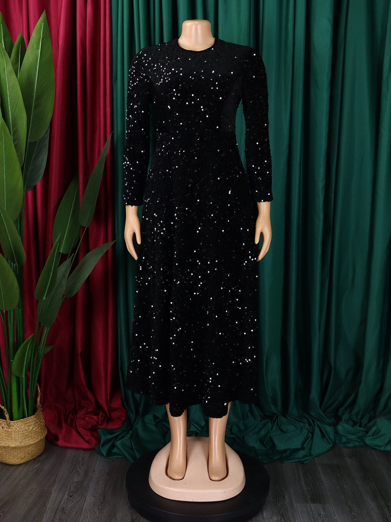 D469 Fashion Party Dress Women O Collar Long Sleeve High Waist A Line Sequin Dress Women Luxury Evening Dress