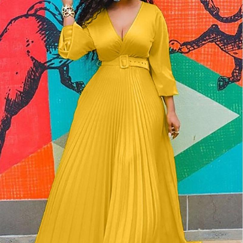 Fashion Women Evening Gown V-neck A Line High Waist Long Sleeve Pleated Maxi Weeding Dress Elegant