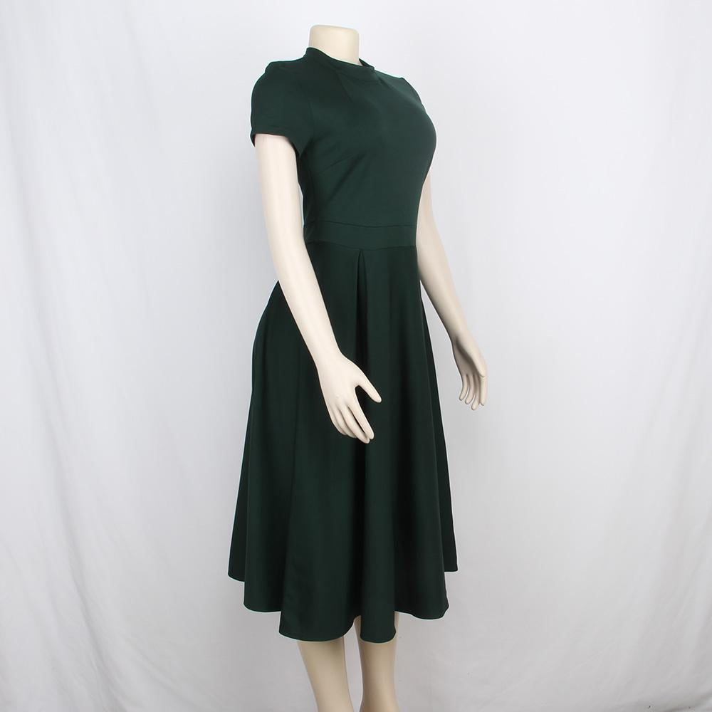 Wholesale High Quality Elegant Dress Short Sleeve O Collar Solid Casual Dress Women Pleated Skirt