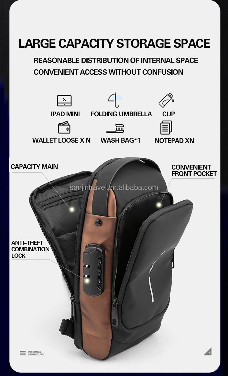 Fashion Anti-theft Men's Chest Bag Waterproof USB Charging Multi-function Shoulder Bag With Anti-theft Lock Universal PU Leather