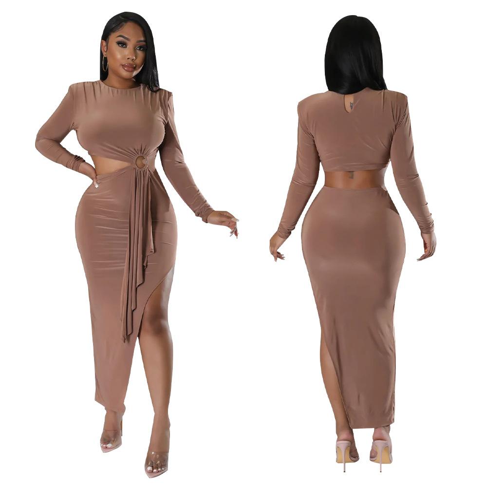 2024 Wholesale Autumn Women's New Slim Evening Dress Long Sleeve O Collar Side Exposed Waist Dress Women Elegant Casual Dress