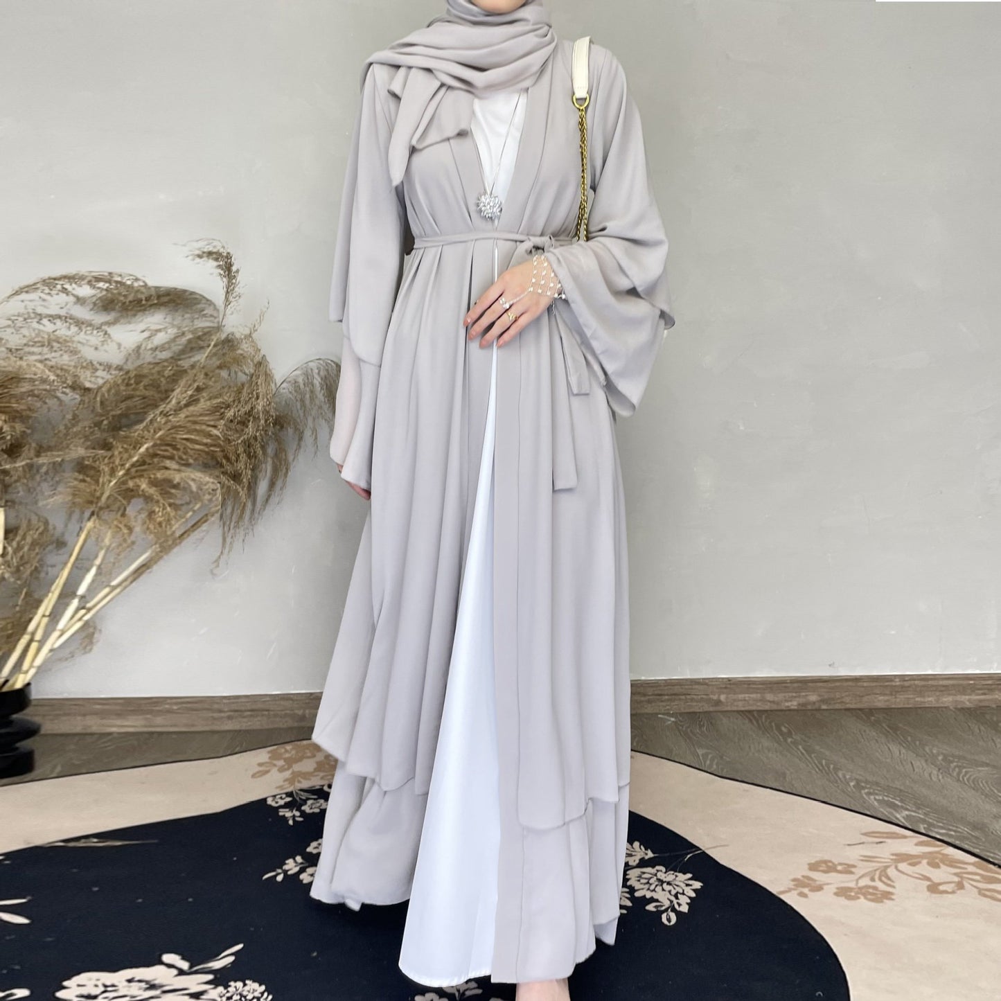 Wholesale Turkish Elegant Eid Women Muslim Dress Two Layer Chiffon Moderate Muslim Dress With Hjiab Kimono Open Dubai Abaya Suit