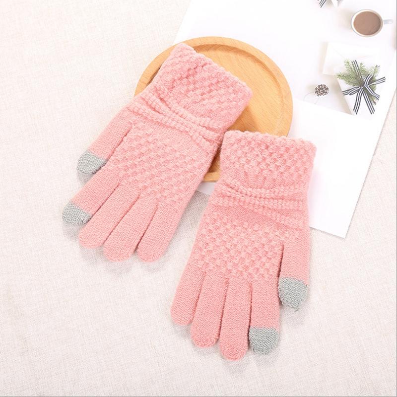 Solid Color Women Touch Screen Cotton Gloves Knitted Wool Gloves Fleece-lined Fleece-lined Thickened Cat Jacquard Gloves Wholesale