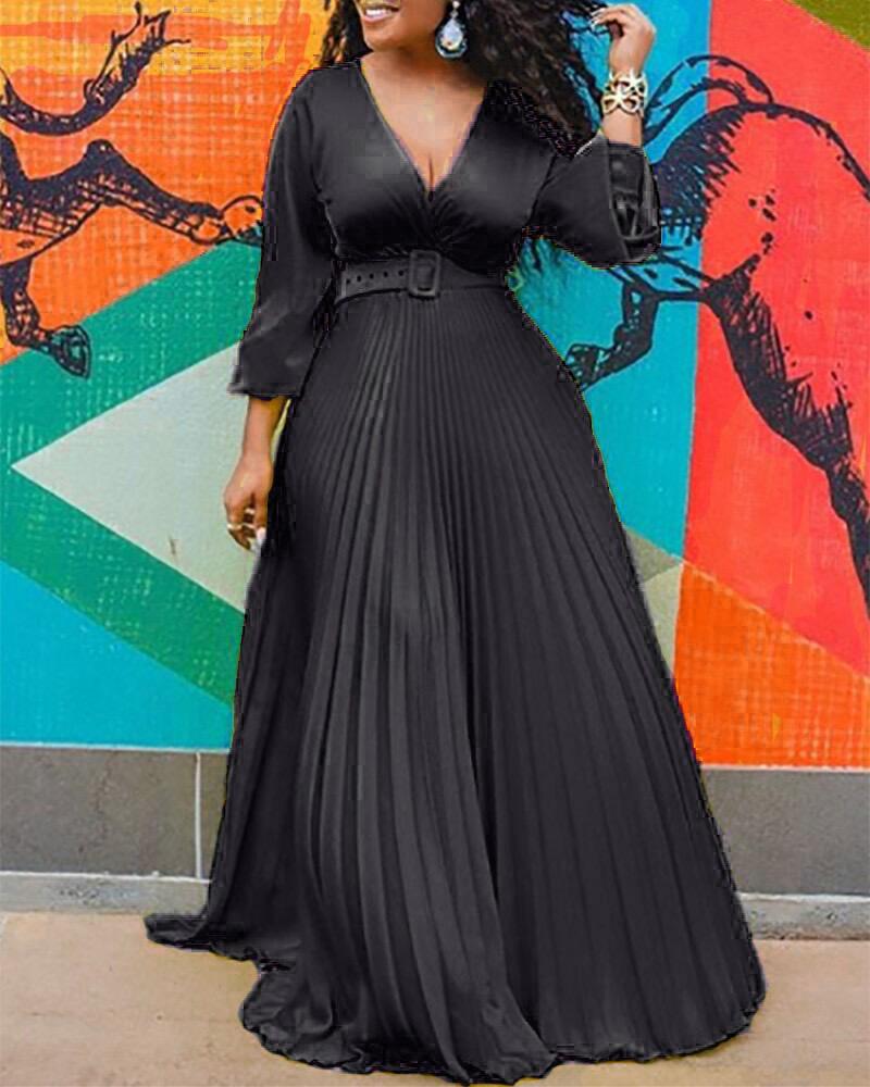 Fashion Women Evening Gown V-neck A Line High Waist Long Sleeve Pleated Maxi Weeding Dress Elegant