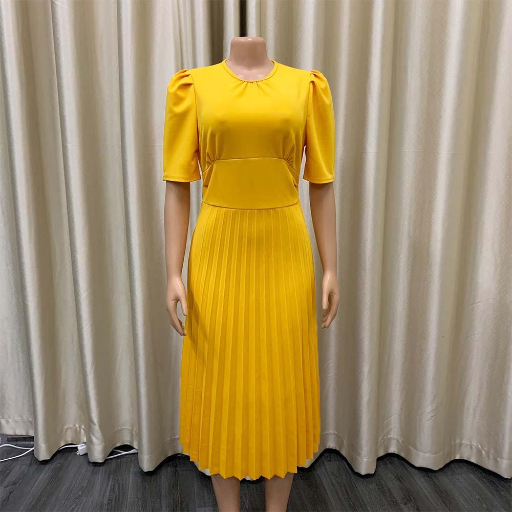 2023 New Plus Size Women's Summer New Short Sleeve Pleated Solid Color Plus Size Dress Women's Elegant
