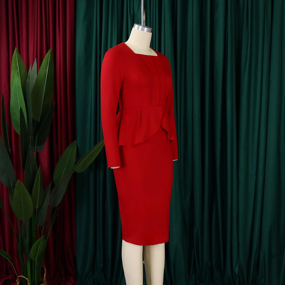D444 Latest Design Autumn Dress Women Casual Long Sleeve Elegant Ruffled Ladies Office Dress Women Formal Work Career Dress