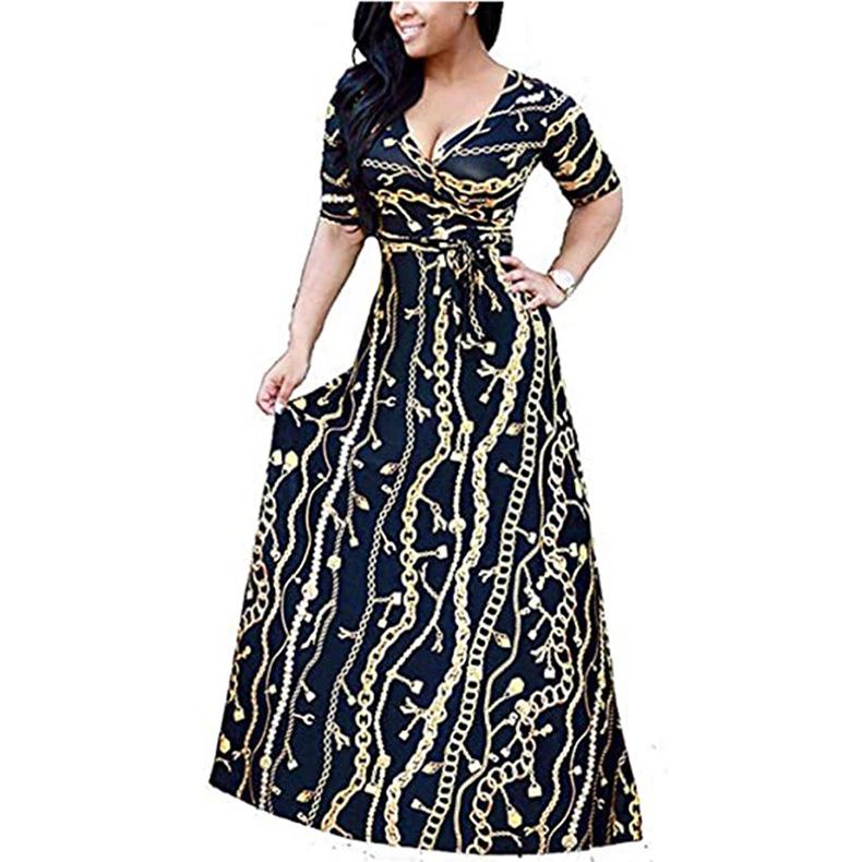 2024 Plus Size Women's Long-sleeved Women's Fat V-neck Printed Lace-up Waist Women's Maxi Skirt Women's Casual Wear