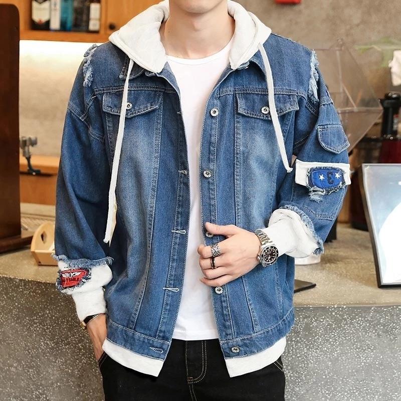 Custom Men Hooded Jacket Long Sleeve Fashion Jacket Jeans Jacket Hooded Rear Logo Print Patch Design For Men Fashion