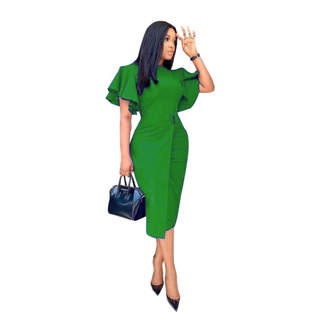 Solid Color O Neck Horn Sleeve Evening Dress Plus Size Women's Dress