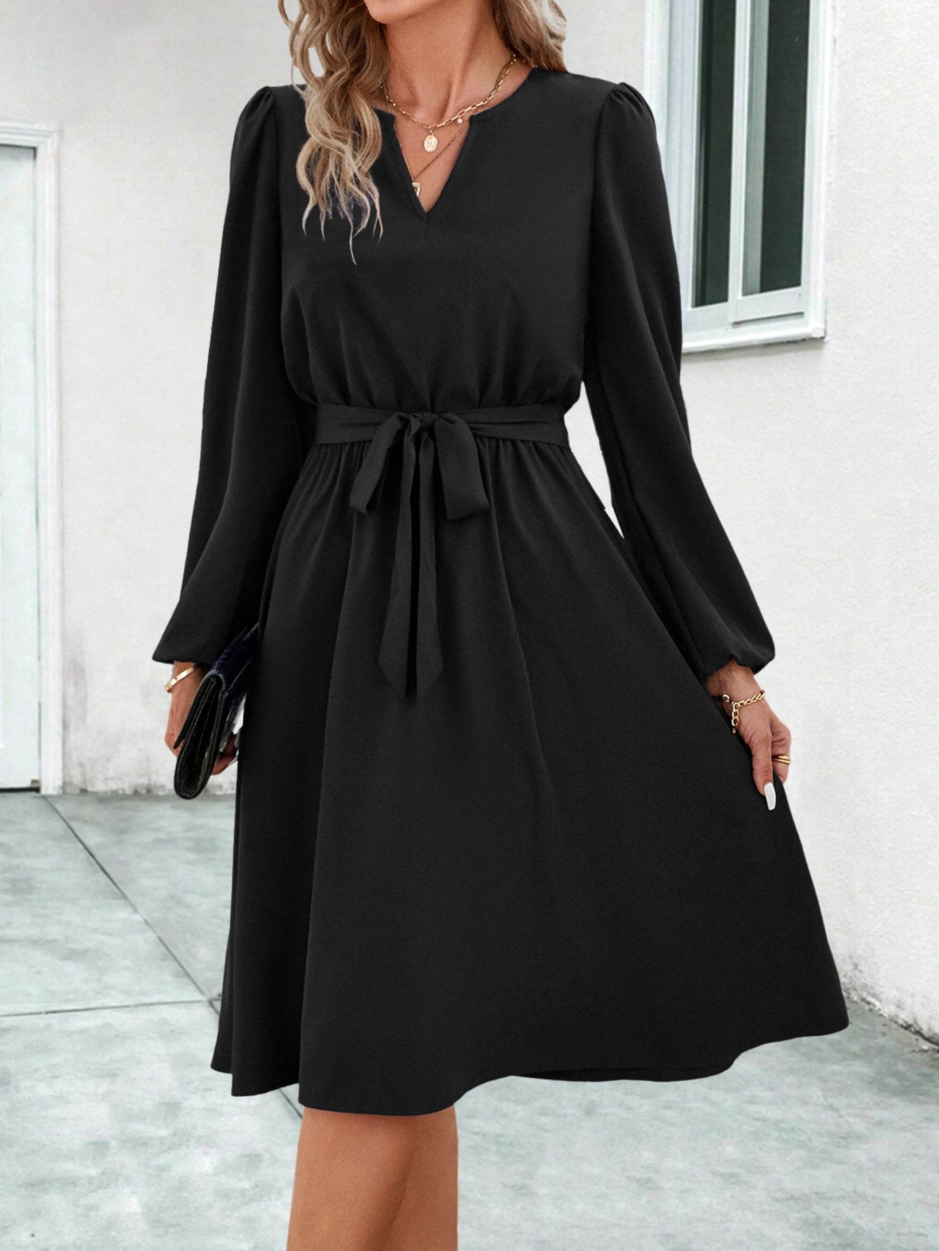 Women's 2025 Autumn And Winter New European And American Women's Long Sleeve Small V-neck Women's Skirt Dress