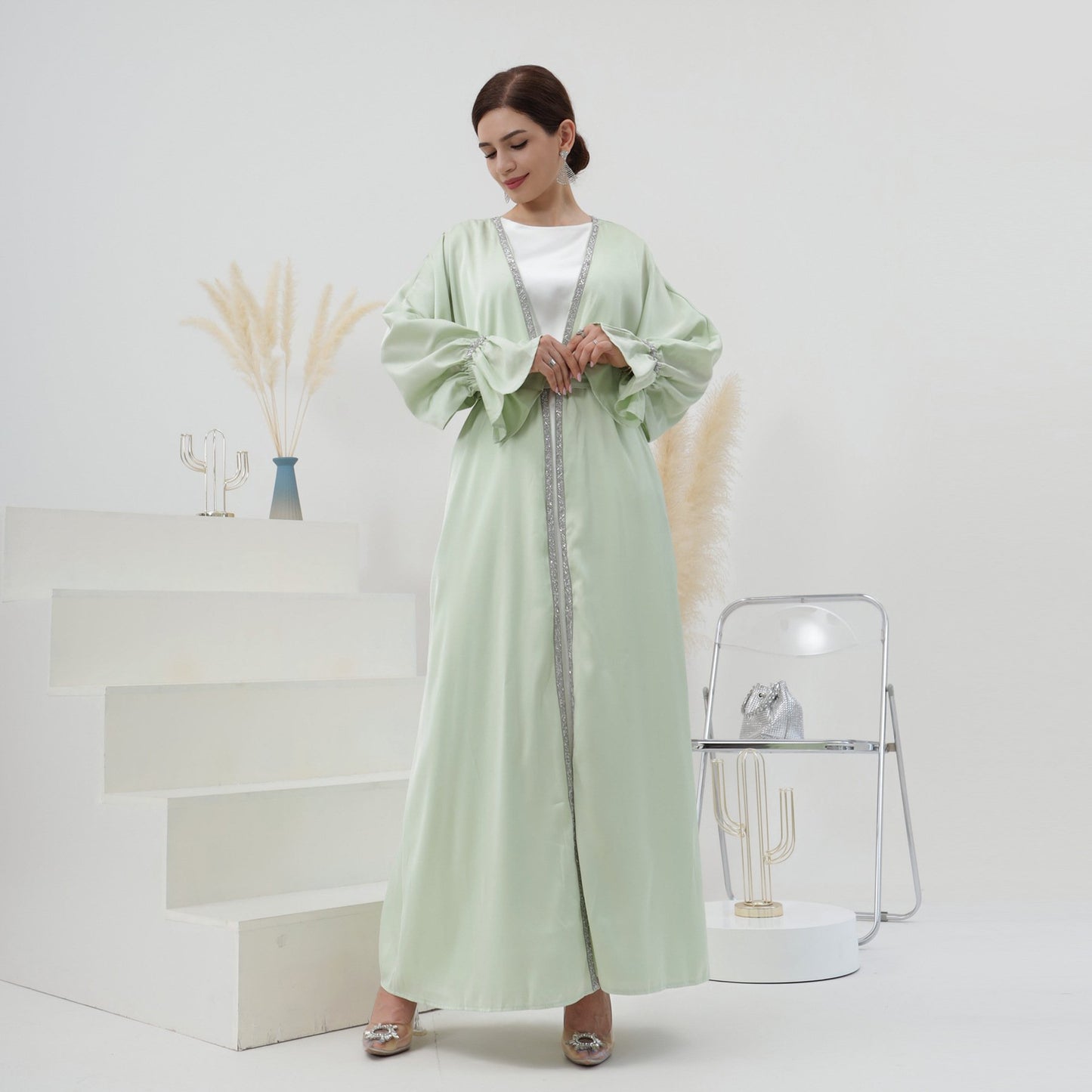 2023 New Design Eid Fitr Dubai Islamic Elegant Luxury Modest Abaya Women Muslim Dress Turkey Slide Dress Diamond Satin Silk