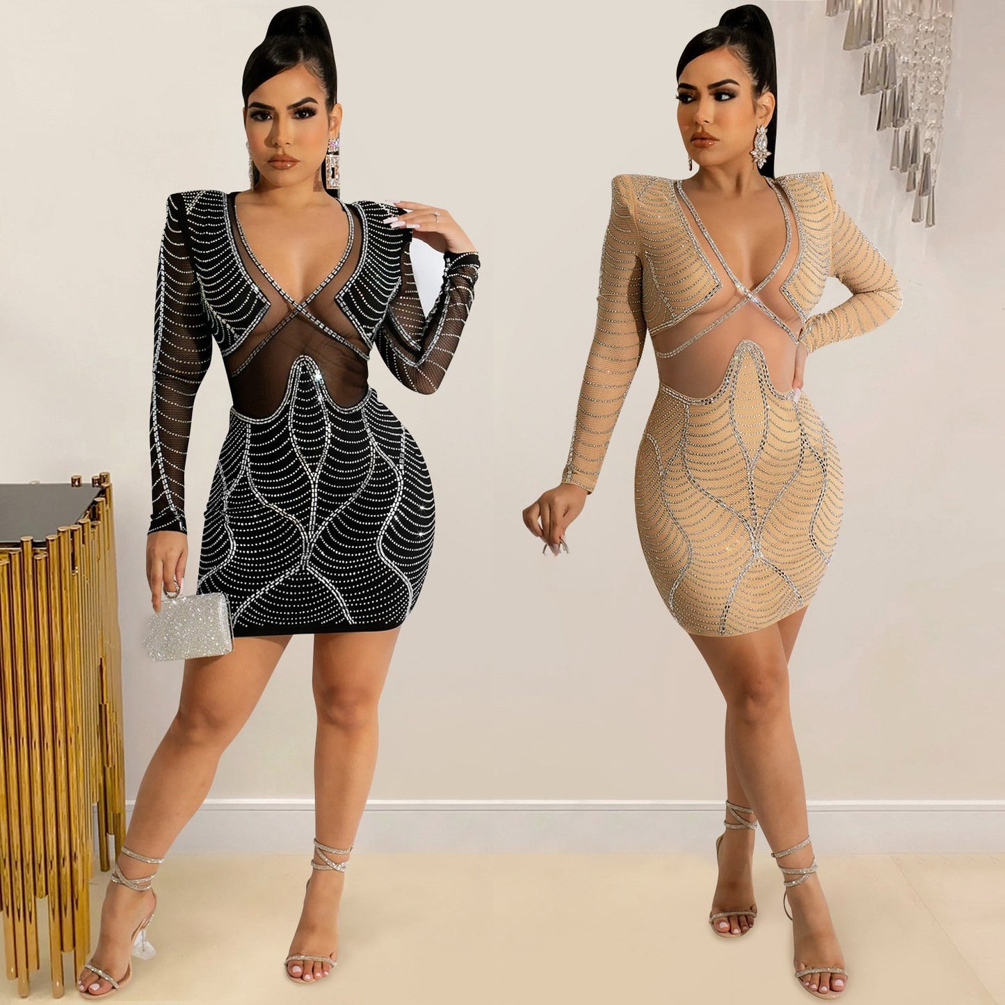 Sexy Deep V Nightclub Pearlescent Rhinestone Glitter Elegant Cut Short Evening Dress Women Party Prom Dress Diamond Dress