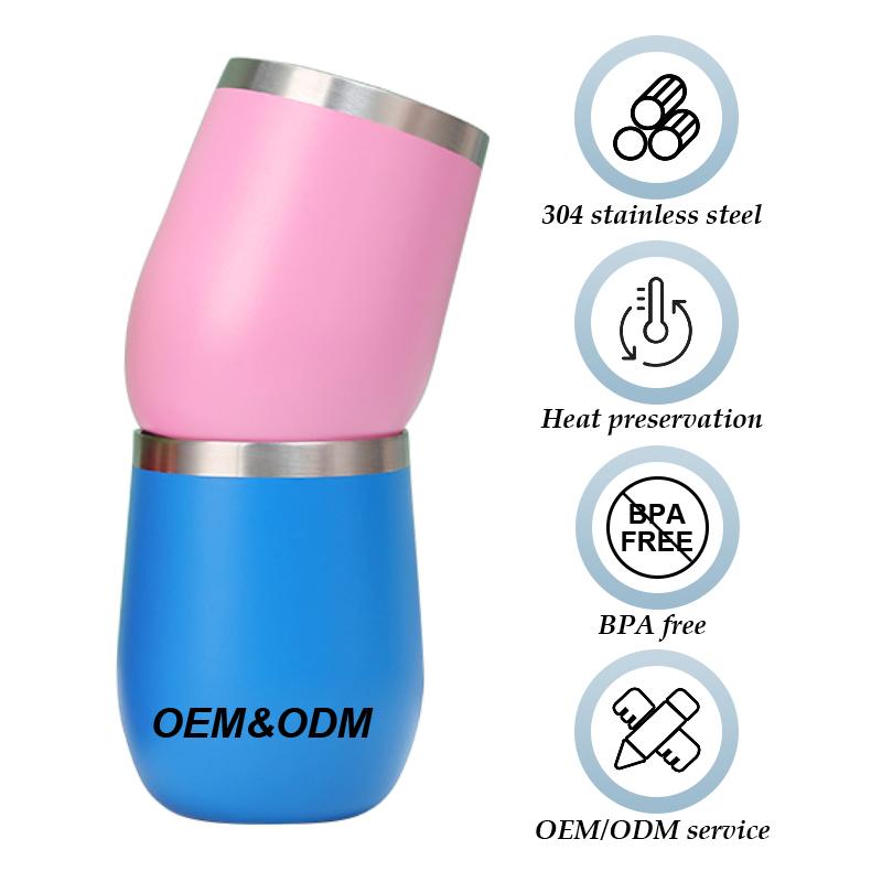 Custom Logo 12 Oz Travel Stainless Steel Insulated Powder Coated Sublimation Wine Egg Shaped Coffee Cup With Lid Wine Glass
