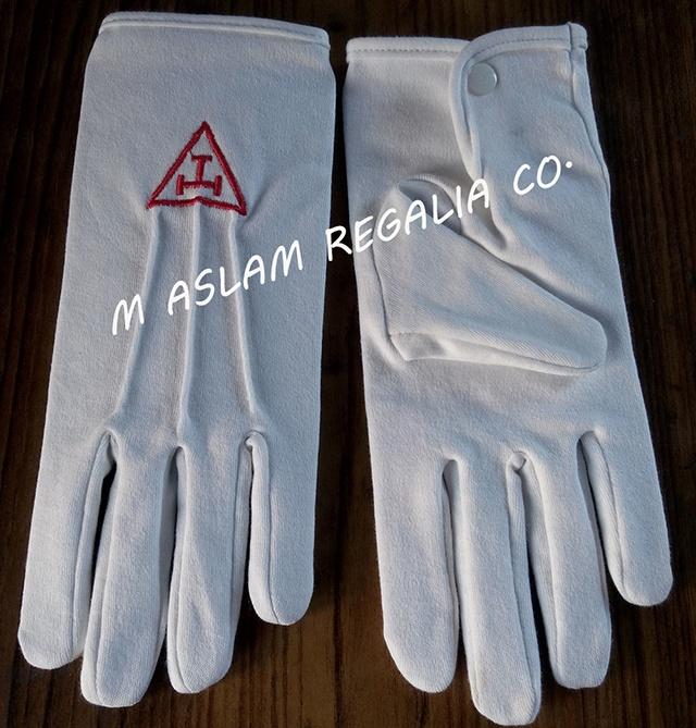 Royal Blue Square & Compasses Machine Embroidered Masonic White Cotton Gloves