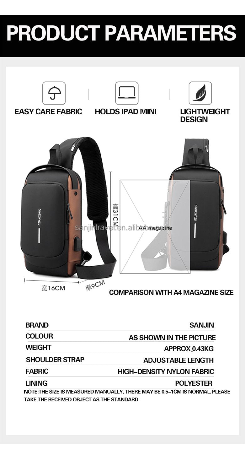 Fashion Anti-theft Men's Chest Bag Waterproof USB Charging Multi-function Shoulder Bag With Anti-theft Lock Universal PU Leather