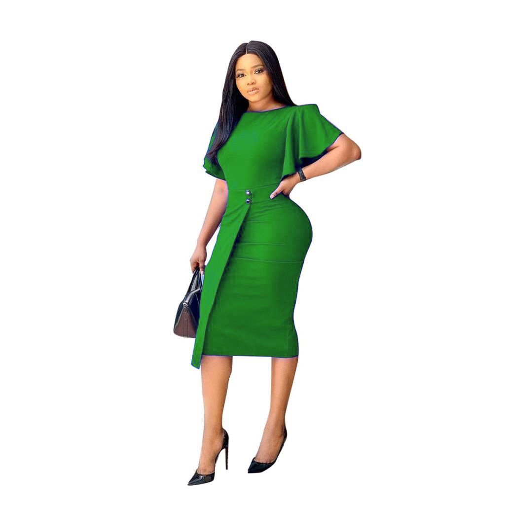 Solid Color O Neck Horn Sleeve Evening Dress Plus Size Women's Dress