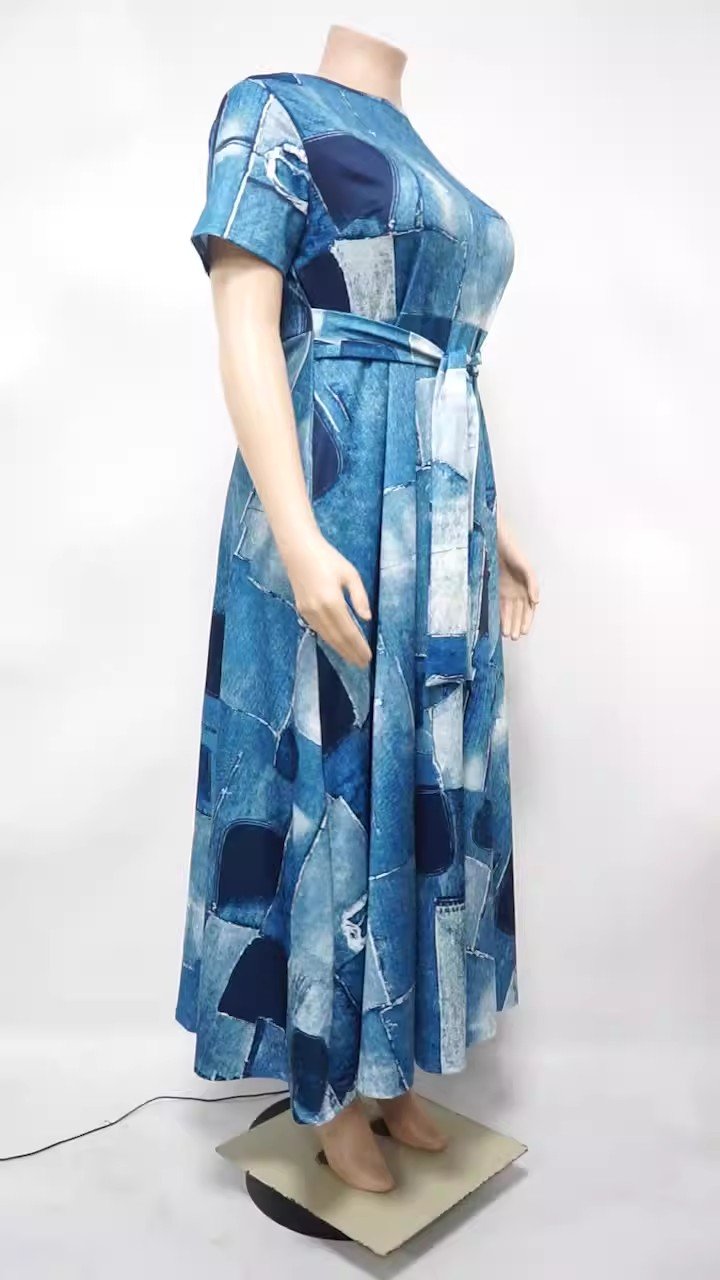 Plus Size Hot Sale New Digital Printing Dress Women Geometric Color Short Sleeve O Collar A Line Belt Casual Dress