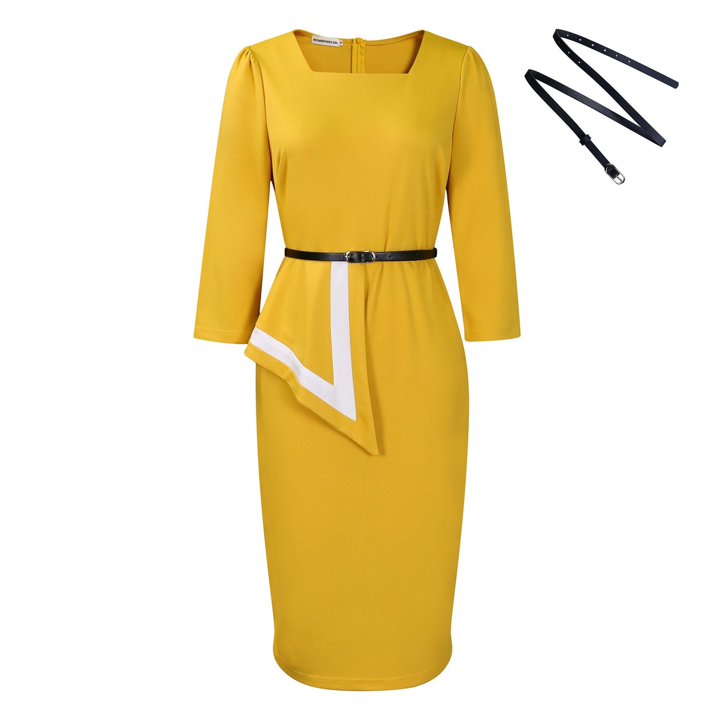 MG482 Fashion Elegant Ladies Office Dress Women Formal Work 3 Quarter Sleeve Square Collar Professional Dress Women Church Dress