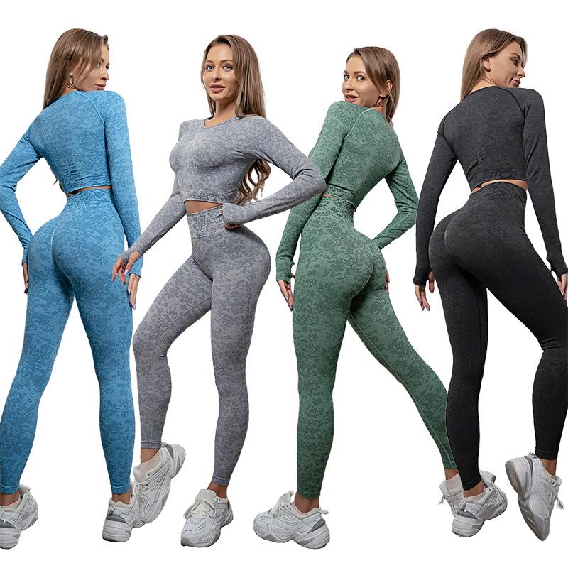 2pcs Seamless Women Yoga Suit Workout Sportswear Aerobics Fitness High Waist Leggings Long Sleeve Crop Top Sports Suit