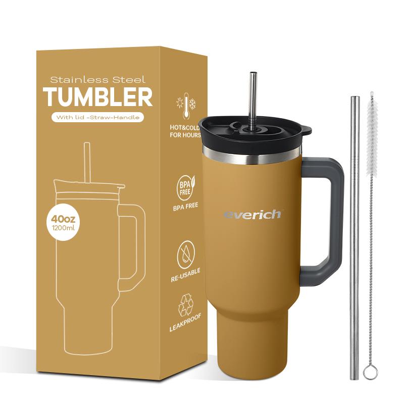 40 Oz Tumbler Double Wall 304 Stainless Steel Insulated Wide Mouth Car Tumbler Cup With New Handle And Straw Cover Vacuum Car Cup