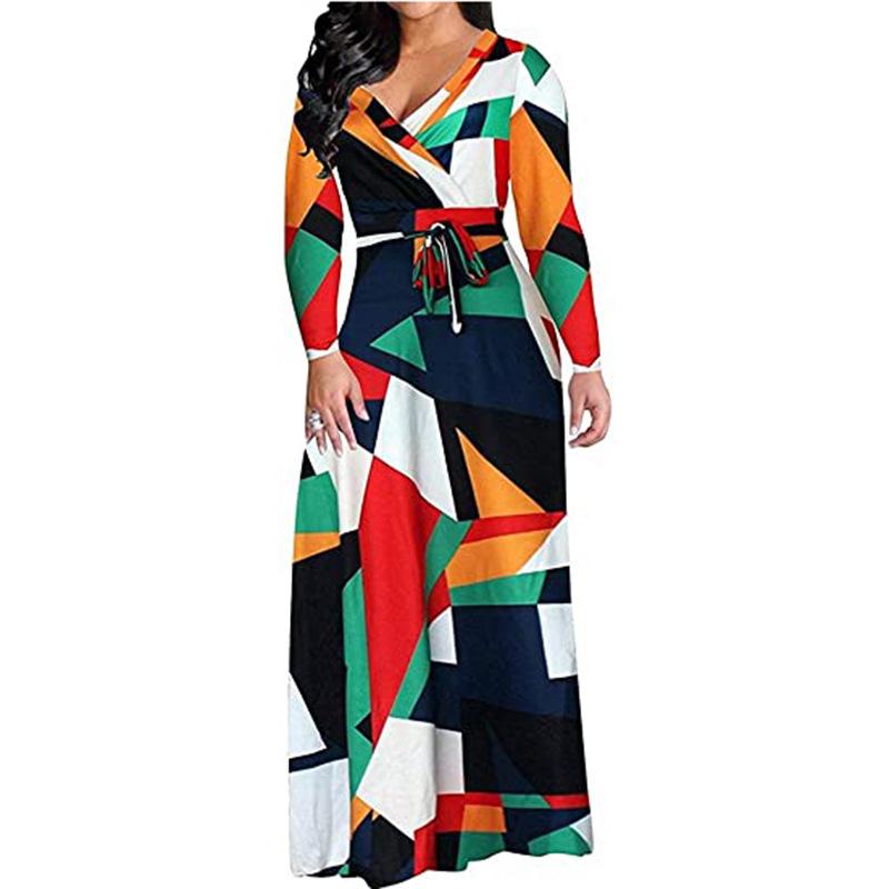 Women's S-5XL Plus Size Printed Long Sleeve Dress Crossover V-Neck Dress Maxi Long Casual Dress