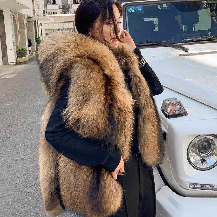 New Custom Women's Leather Grass Sleeveless Jacket With Tail Luxury Hooded Raccoon Fur Vest