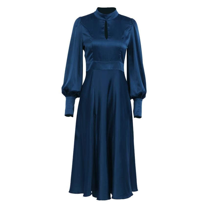 Soft Material Long Sleeve Cutout Dress 2023 Women Elegant Dark Blue Satin Evening Dress Dress