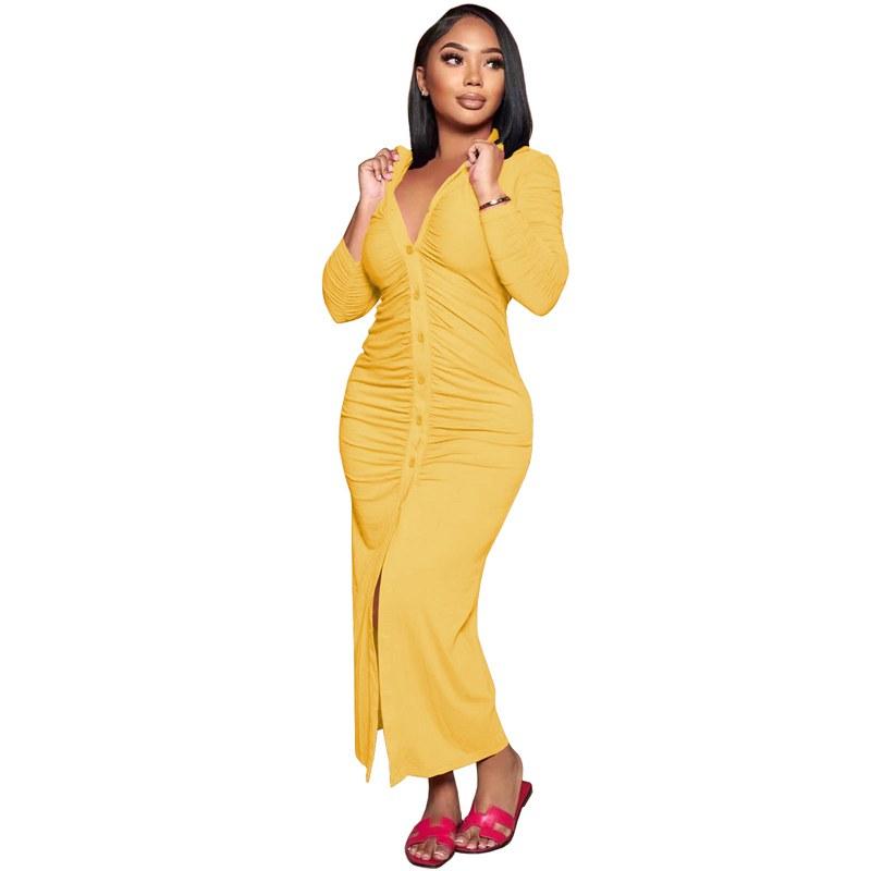 Y212040 Elegant Casual Women's Clothing Autumn And Winter Casual Pleated Solid Long Dress Button Long Sleeve Sexy Dress