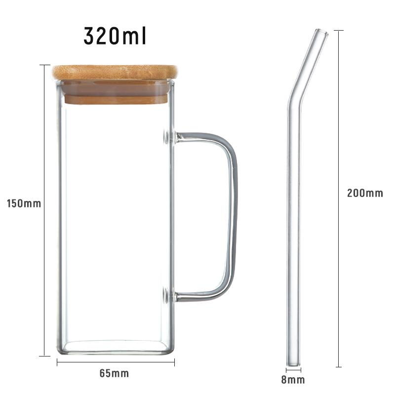 Hot Sale Water Tumbler Transparent Glassware Beverage Ice Coffee Tea Cup Square Glass Cup With Lid Straw Handle