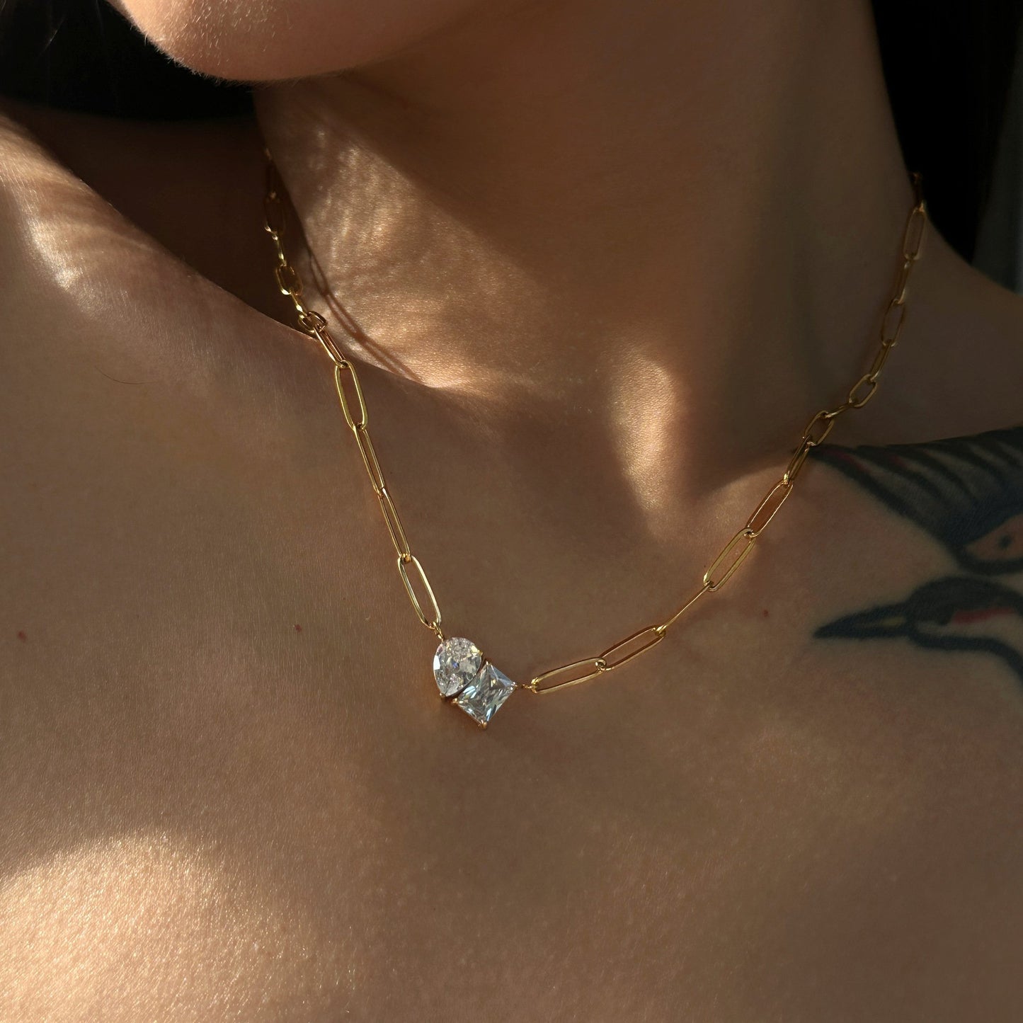 Fashion 18k Gold Plated Triangle Diamond Rectangular Drop Chain Ring Zirconia Pendant Stainless Steel Chain Necklace YF4029