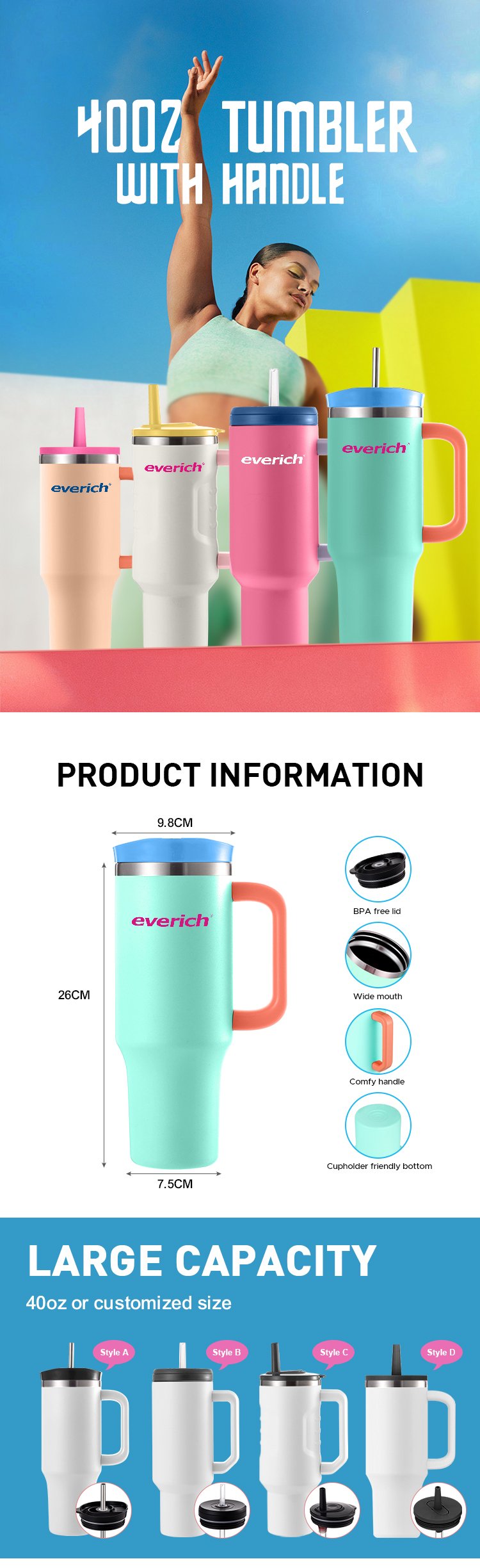 Portable Outdoor Custom Stainless Steel 40 Oz With Handle Straw Double Wall Coffee Mug Travel Insulated Beer Mug