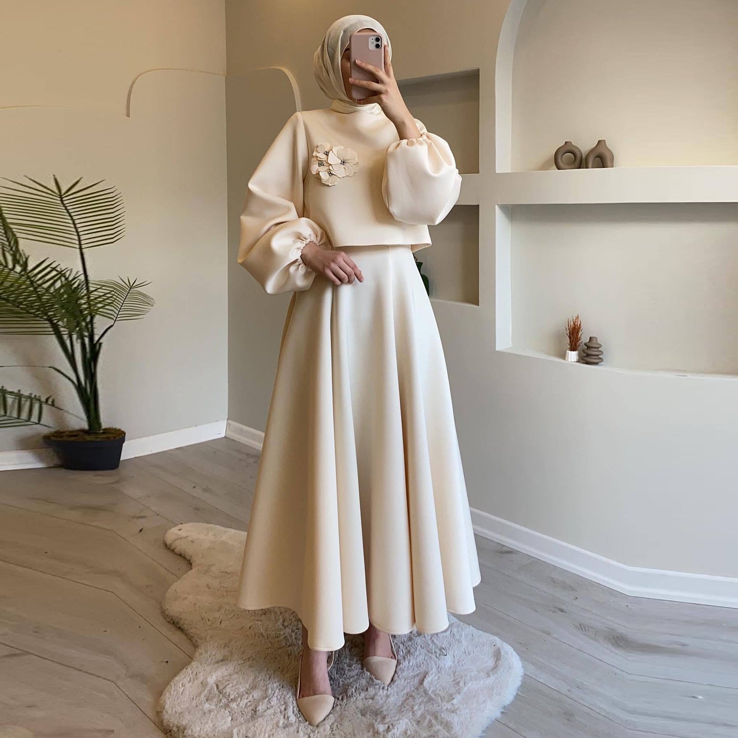 Wholesale Fashion Elegant Moderation Islamic Clothing Two-Piece Muslim Women Casual Shirt Floral Lantern Sleeve Loose Dress Suit