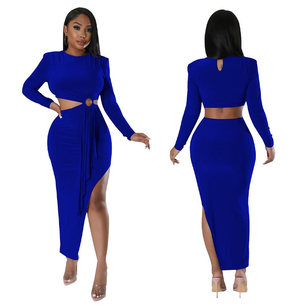 2024 Wholesale Autumn Women's New Slim Evening Dress Long Sleeve O Collar Side Exposed Waist Dress Women Elegant Casual Dress