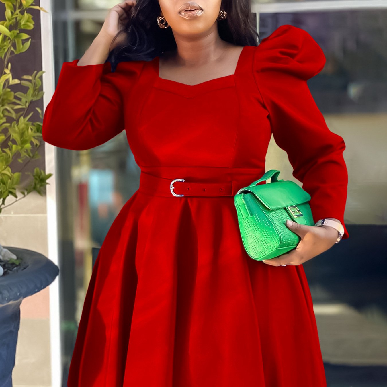 2024 Wholesale African Women's Elegant Long Puff Sleeve Square Collar Solid Color Maxi Plus Size Dress