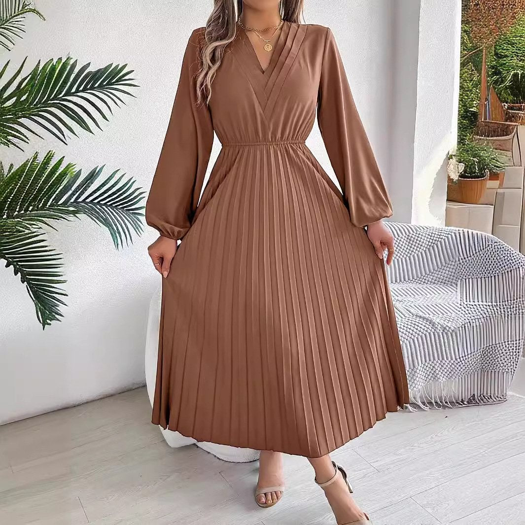 2024 New Women's Casual Wear V-neck Pleated Skirt Dress Spring And Autumn Women's Elegant Long Powder Puff Sleeve A- Line Skirt