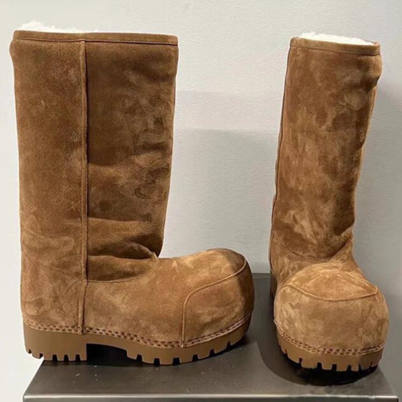 New Winter Big Head Snow Boots Thick Solid Color Bottom High Bucket Bread Shoes Women's Heightened Warm Cotton Boots