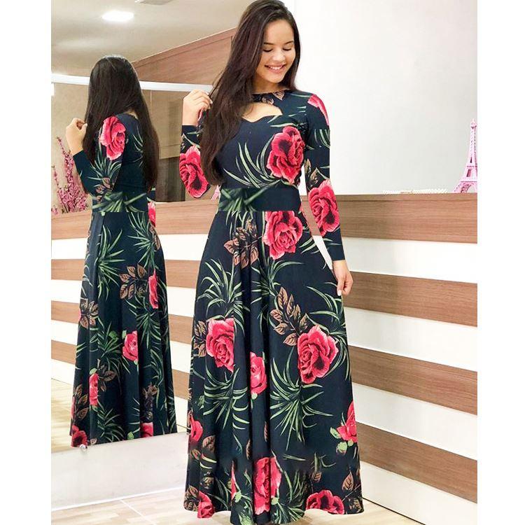 8230424 Latest Long Dress Plus Size Women's Printed Maxi Dress Long Sleeve Clothing