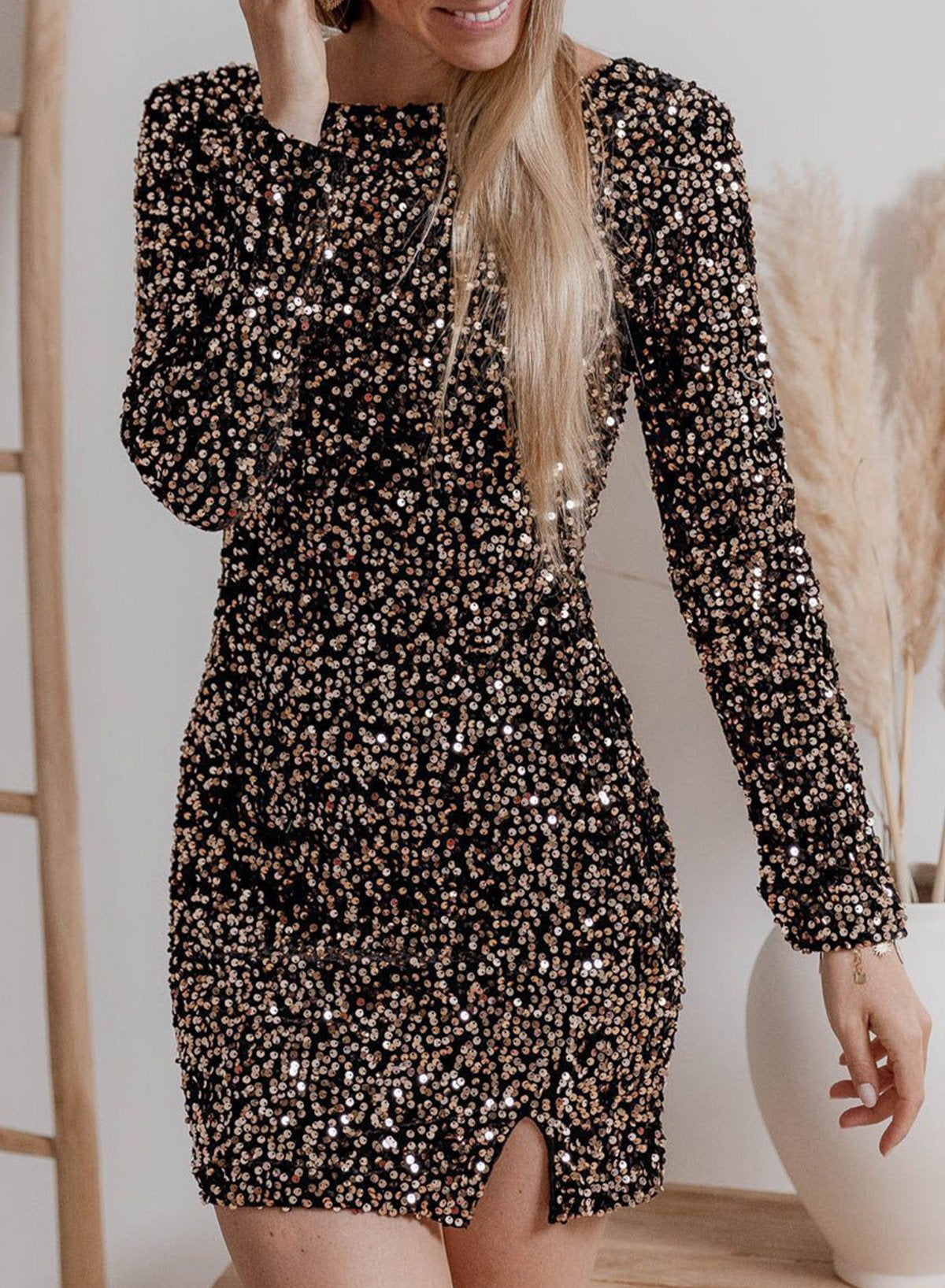 Dear Lover Women High Quality Fashion Dress Sequins Round Neck Long Sleeve Tight Party Dress